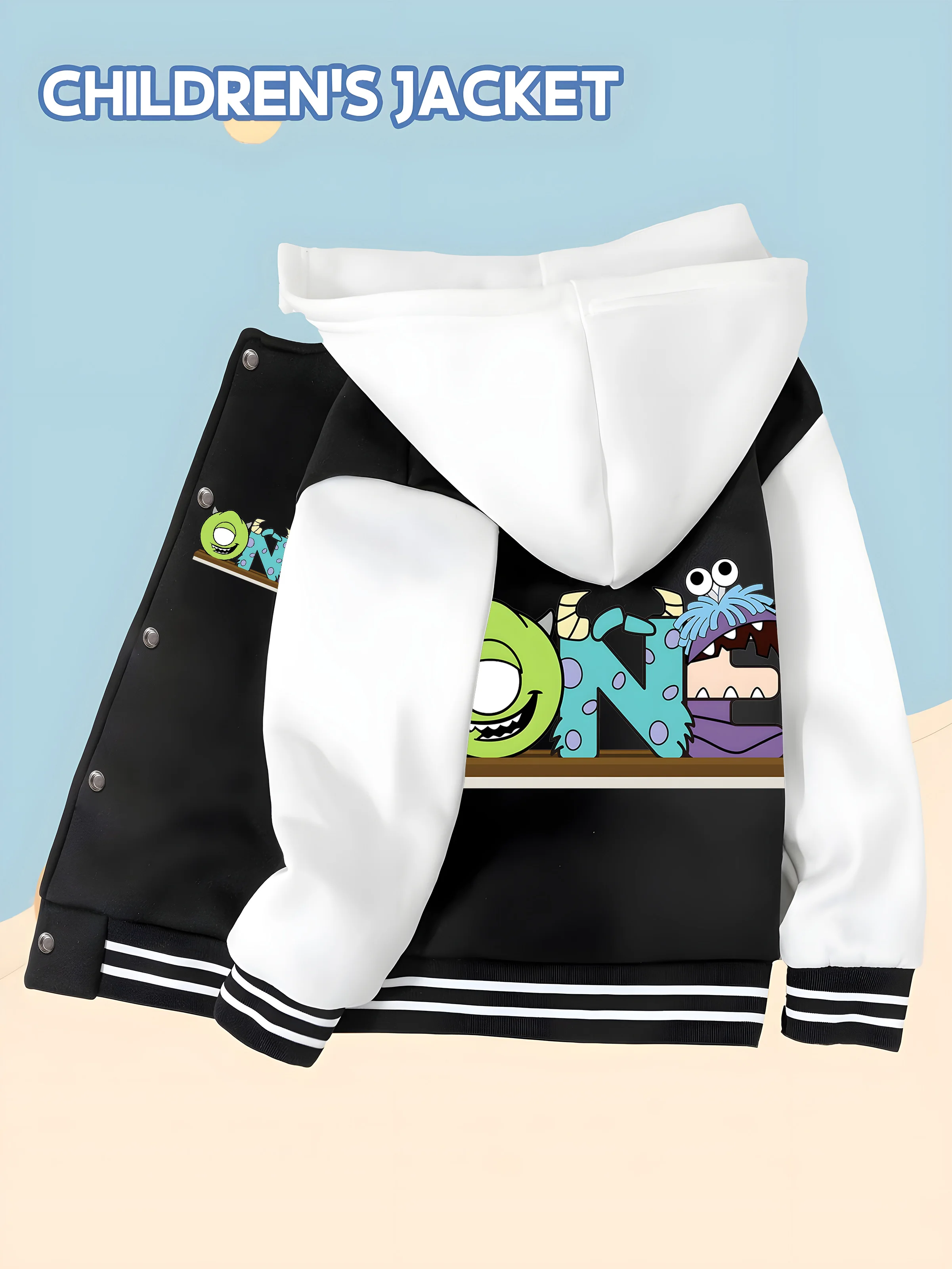 

MINISO Disney Monsters University Boys' Baseball Jacket - Double-sided cute monster print, versatile soft fabric for casual wear