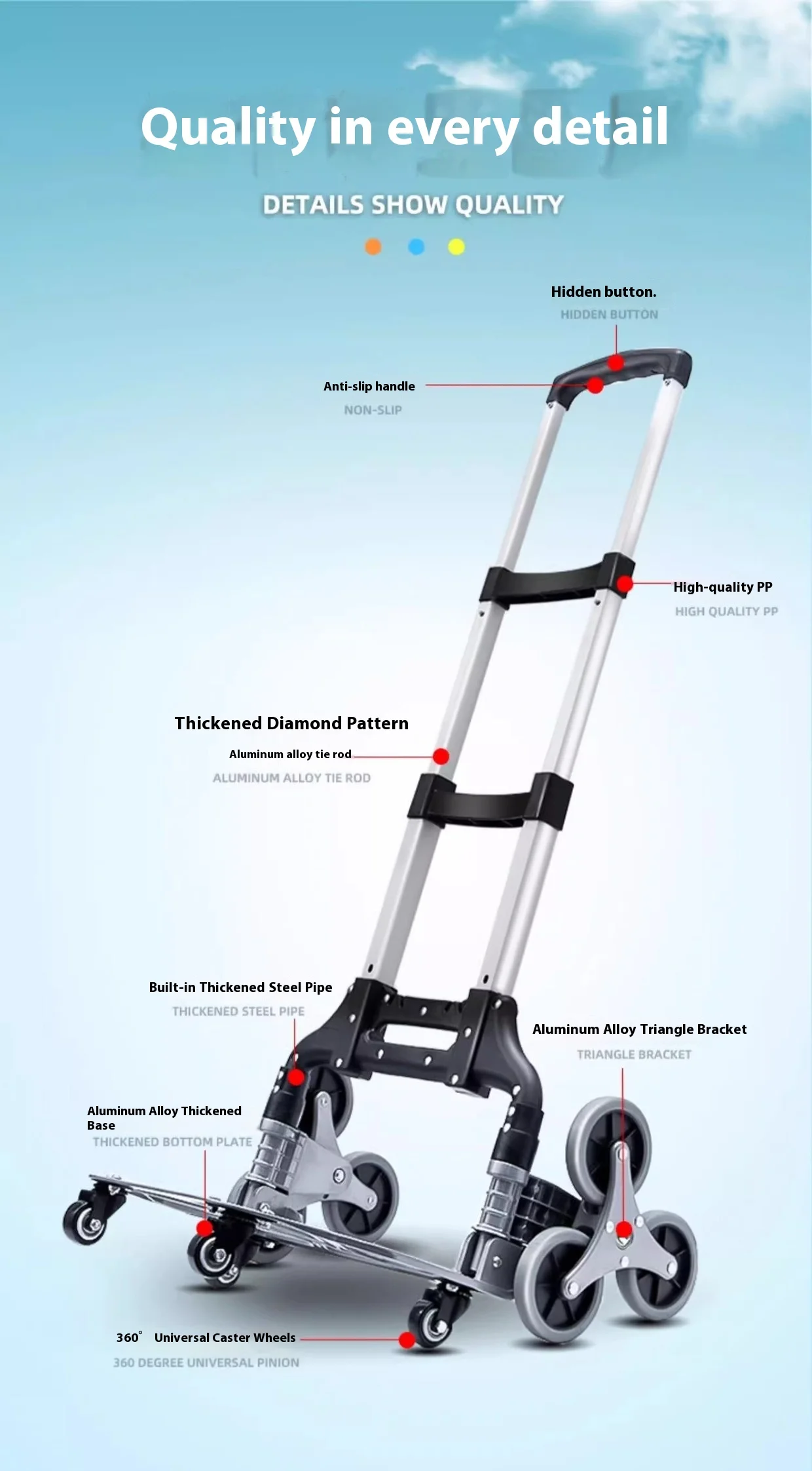 عربة تسلق السلالم القابلة للطي من سبائك الألومنيوم، عربة قابلة للطي محمولة، معالجة البضائع والتسوق، 360 درجة ° عجلات عالمية #4