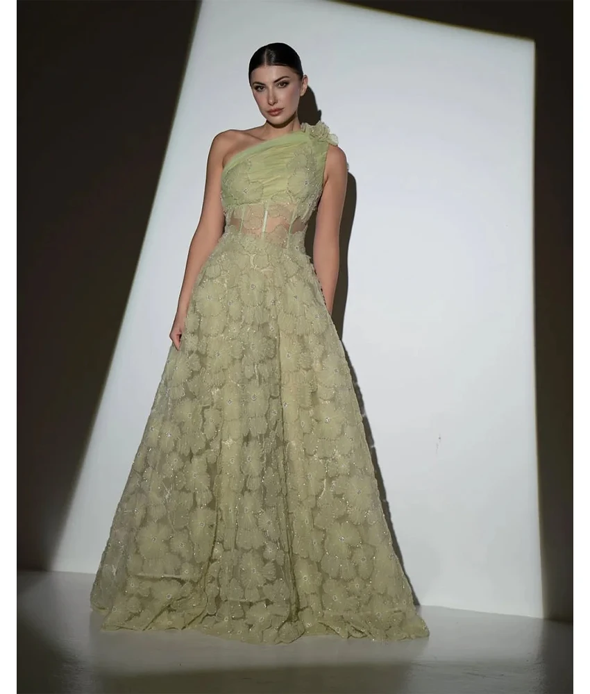 

Customized Exquisite Organza A-Line One Shoulder Beading Flowers Evening Dress Delicate Sleeveless Floor Length prom dresses