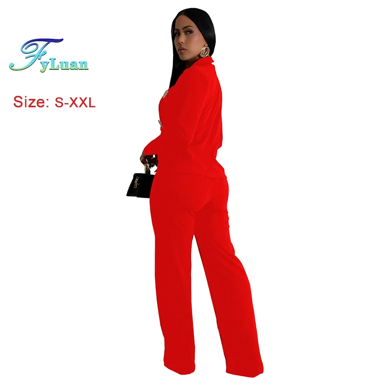 Nuovo stile elegante set di abbigliamento da donna giacca doppiopetto con bottoni tinta unita pantaloni larghi a gamba larga pantaloni lunghi alla moda due pezzi