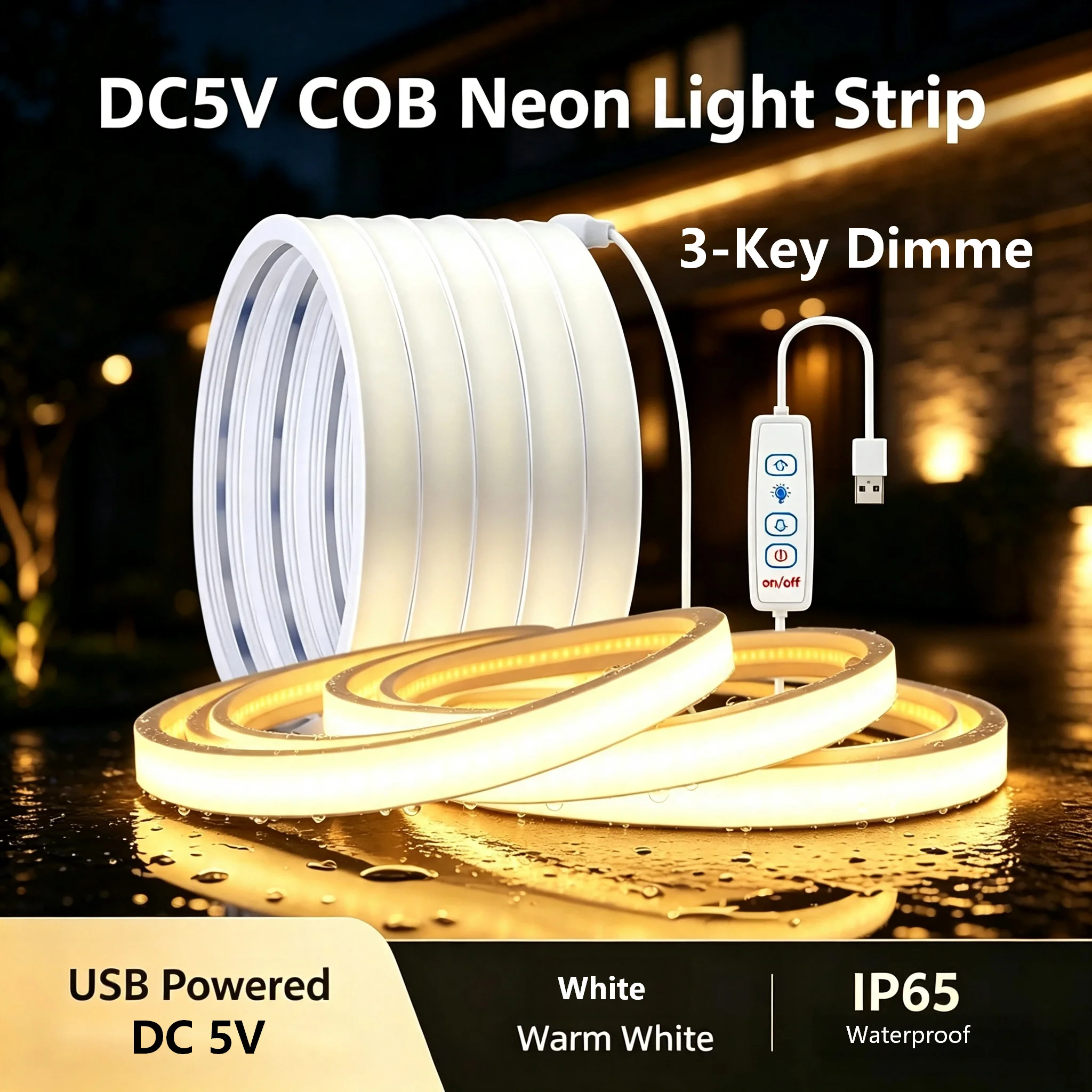 Dc 5V USB Type-A Interface, Cob Neon Led Light Strip, with Three-Button Dimmer, Adjustable Light Brightness, High Brightness, No Light Spots, Waterproof Light Strip, Used for Ceiling, Hallway, Cabinet, Mirror, Tv Backg