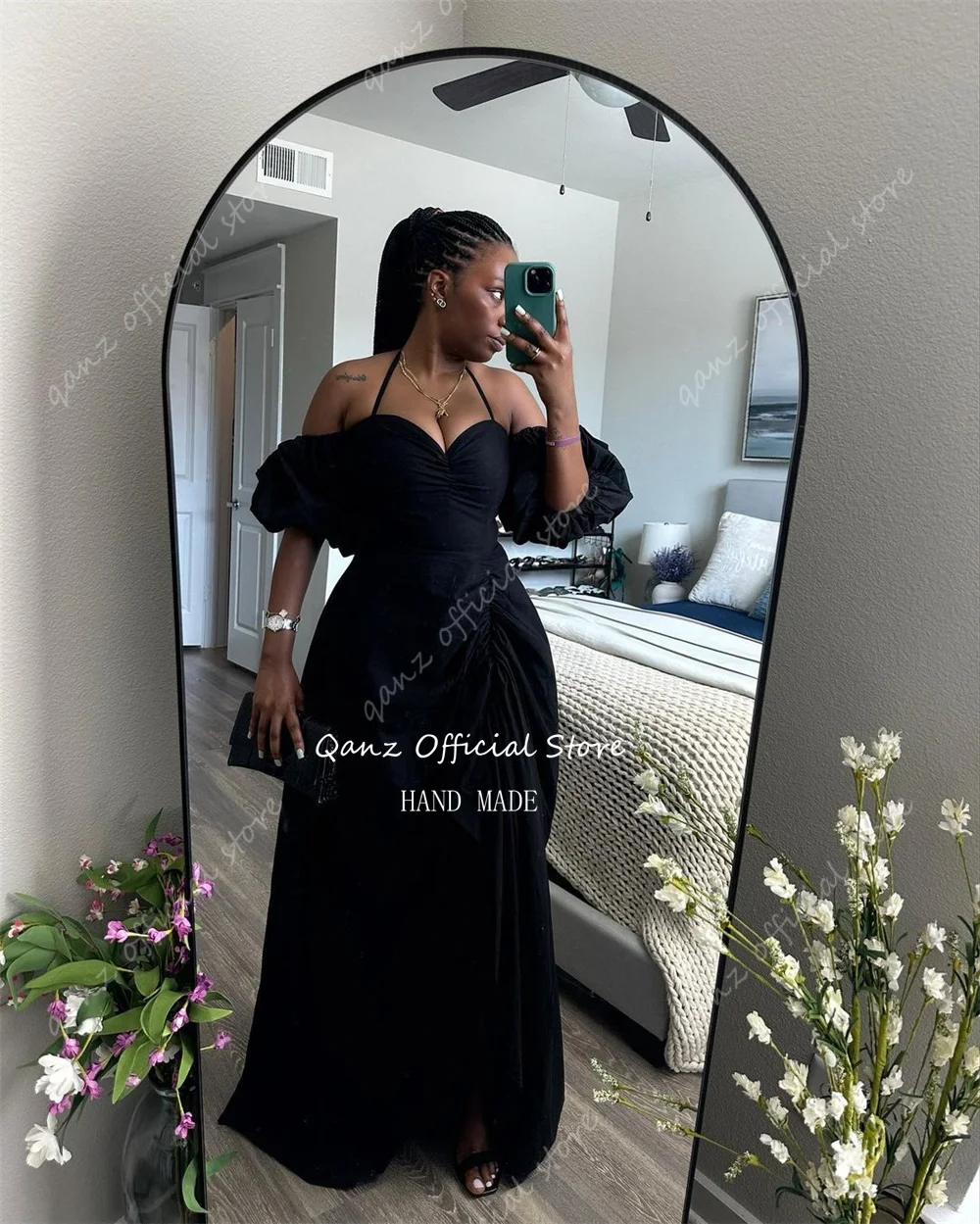 Qanz Black Vintage Evening Dresses Sweethert Short Puff Sleeves Formal Occasion Dresses Satin Vestidos De Festa Customized