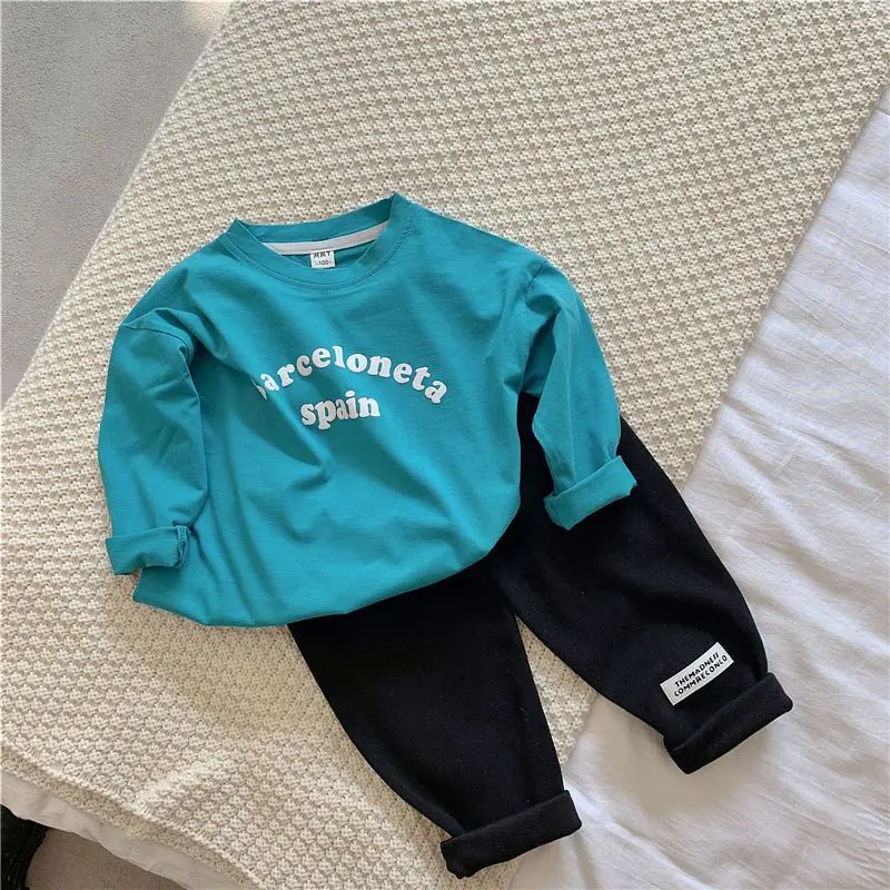 

Cotton Children Clothing 2023 Spring New Solid Color Letter Printed Long Sleeve Round Neck Casual Loose Simplicity Boys T-shirt