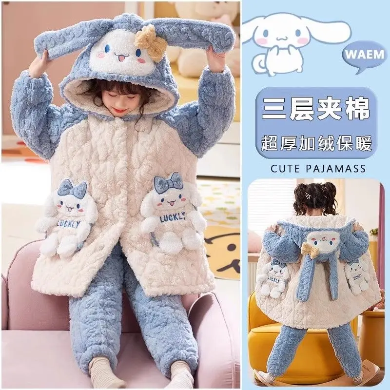 2 قطعة بيجامات الأطفال سانريو سينامورول جديد ثلاث طبقات القطن الشتاء سميكة الدافئة الفتيات الأميرة نمط الفانيلا ملابس المنزل