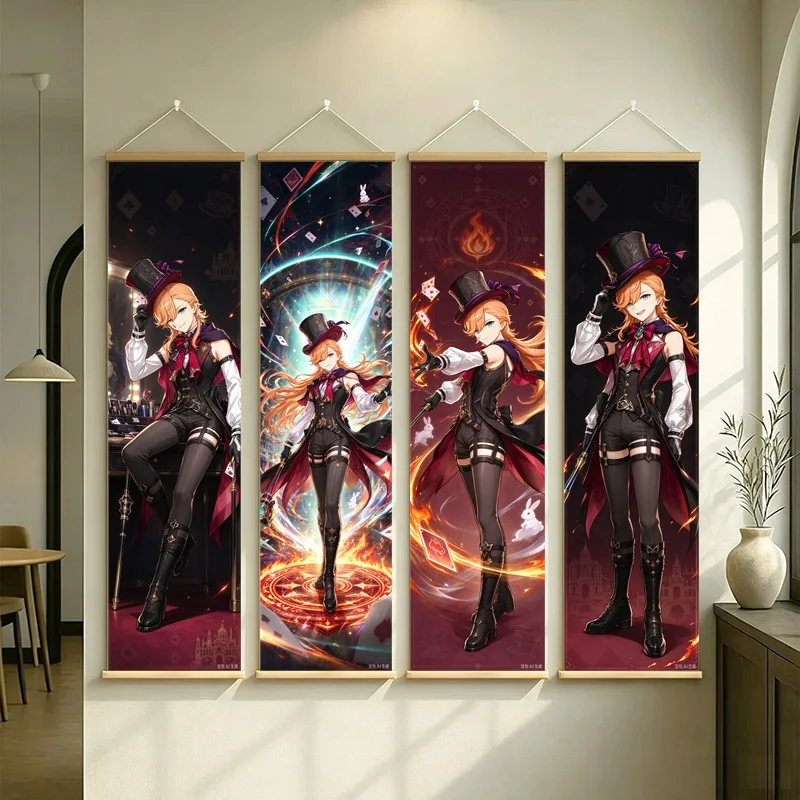 Hanging Scroll Wall Art of Genshin Impact Lyney with Red and Black Magic on Silver Shimmer Canvas for an Anime Bedroom