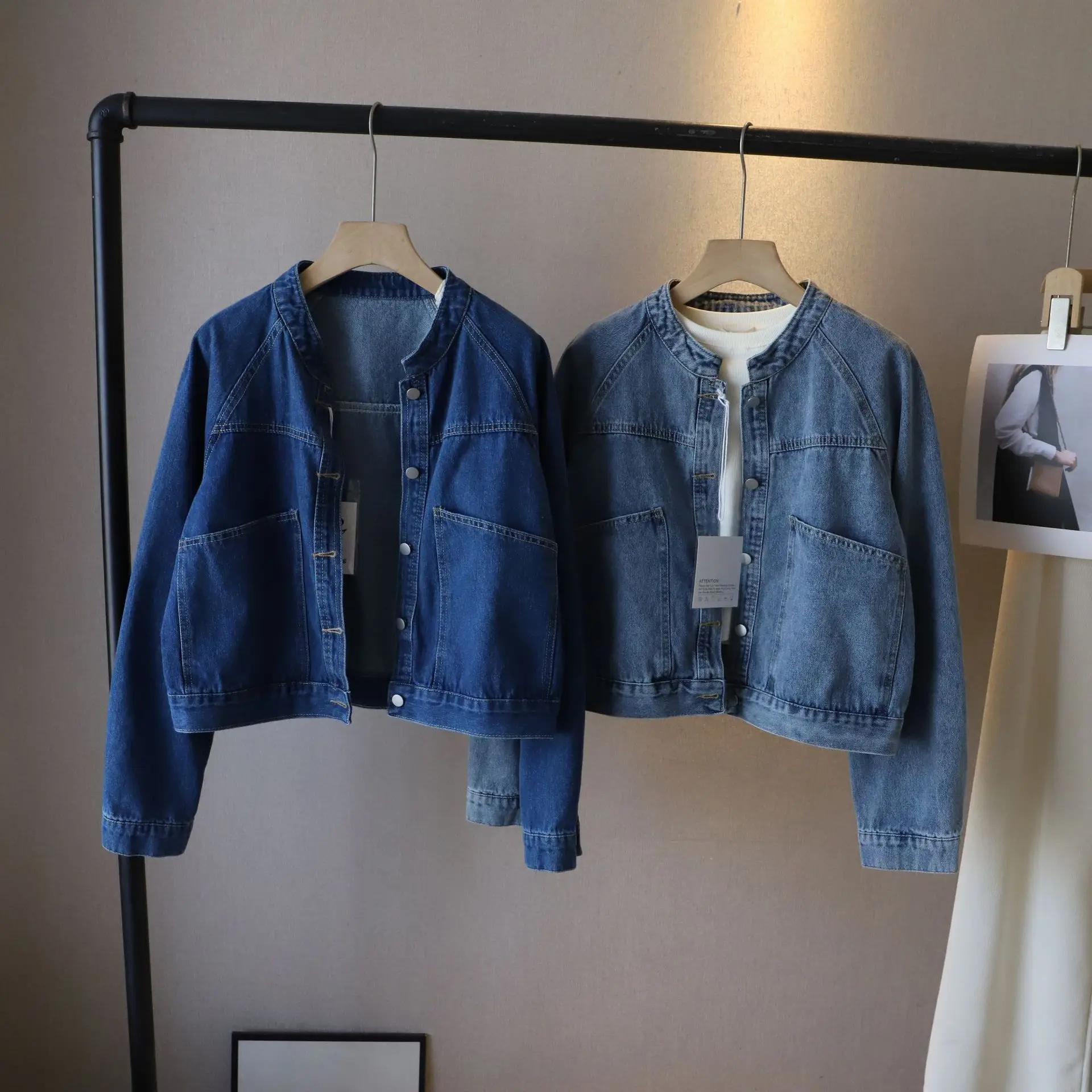 Collarless Round Neck Denim Jacket for Women, Cropped Loose Fit Jean Coat with Big Pockets