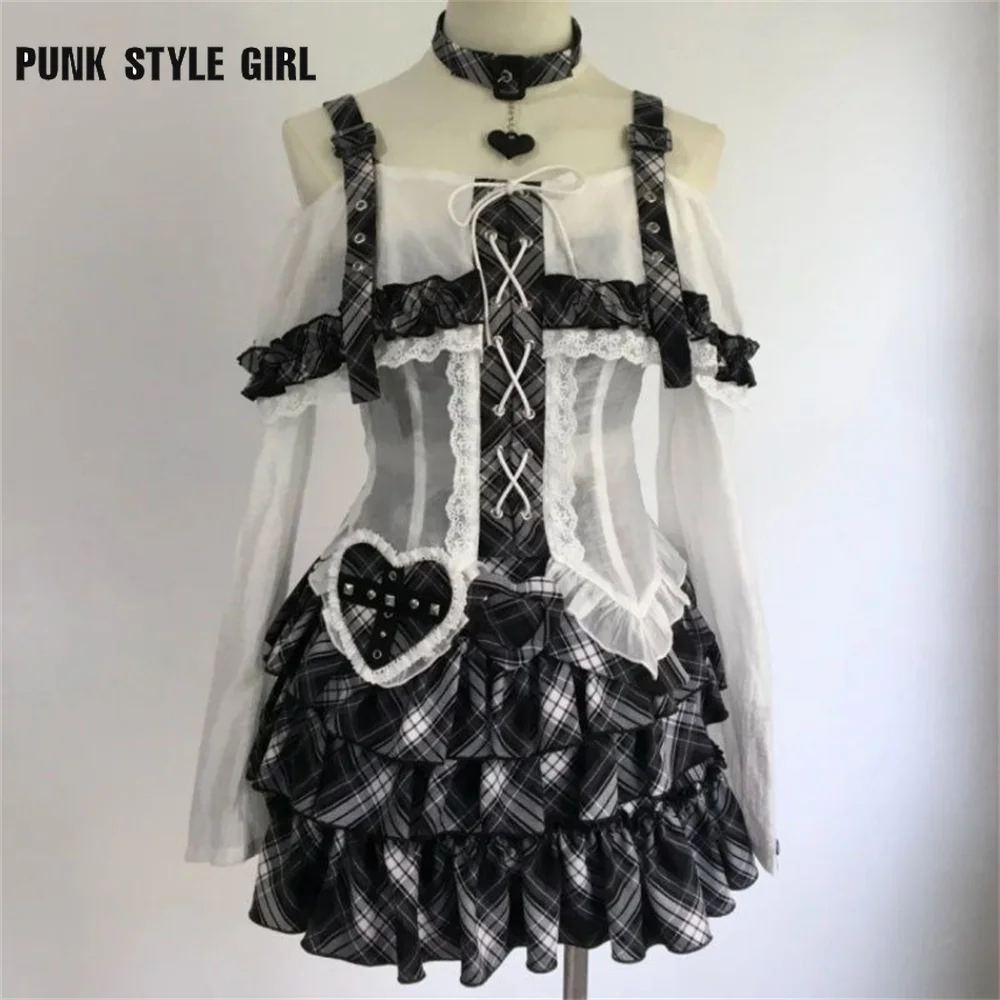 

Японская готическая Лолита, милая мини-юбка, комплекты женских Harajuku Y2k, бант, кружевные оборки, панк, кавайная субкультура, рубашка, юбки-торты, костюмы