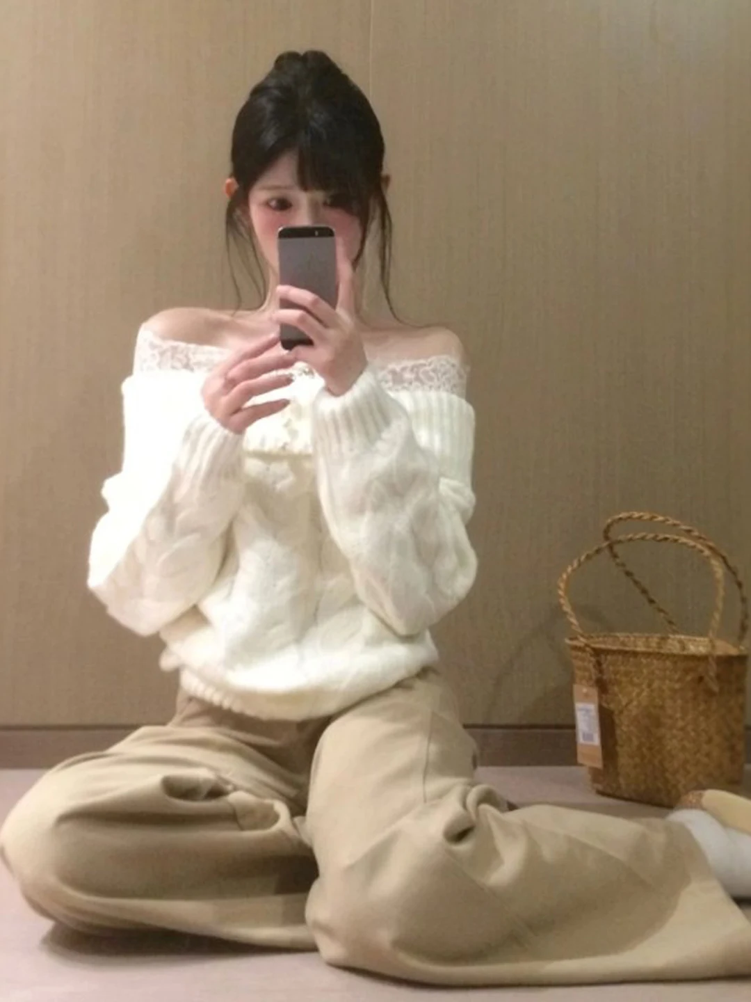 

Chic oulder Bared Long Sve Loose Knitwear Gentle Sle Beautiful Spring Faion for Young Women Korean Loose Fit Sweater