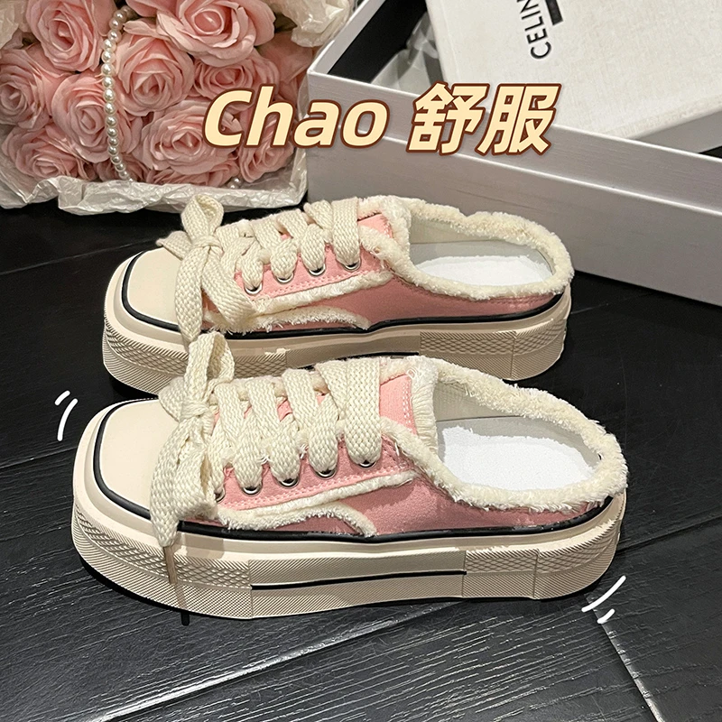 

Women Canvas Slippers Spring Autumn New Heelless Fashion Casual Women Vulcanized Thick Sole Half Slippers