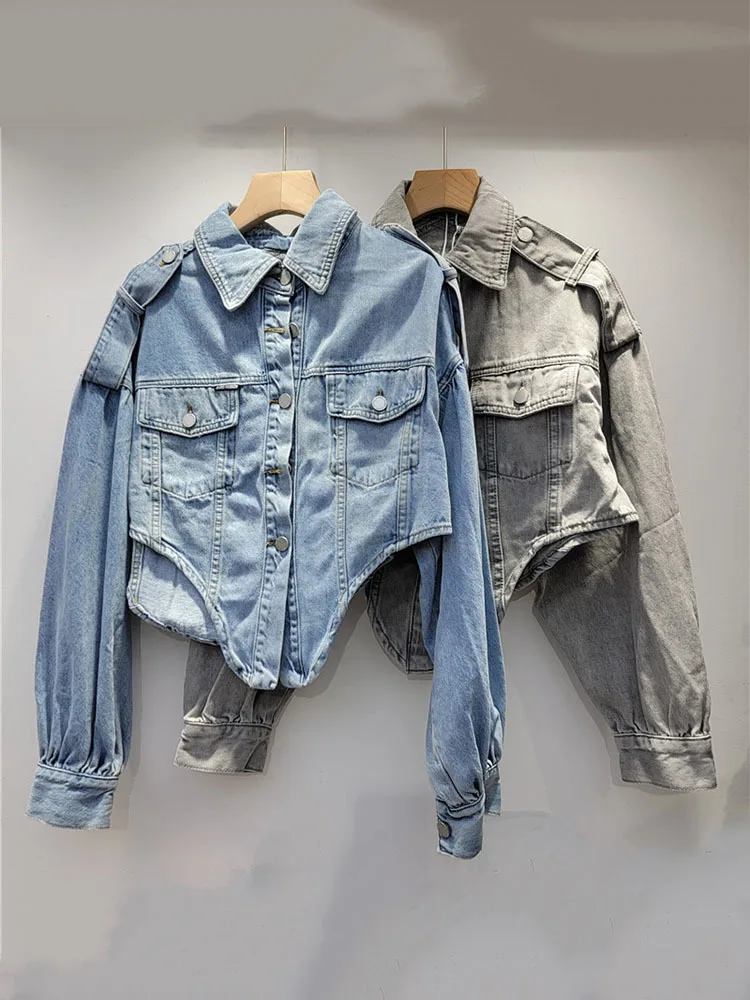 DEAT Trendy Women\'s Irregular Design Hollow Out Denim Coat 2024 Autumn Fashion New Lapel Long Sleeve Jacket Female 33A2039