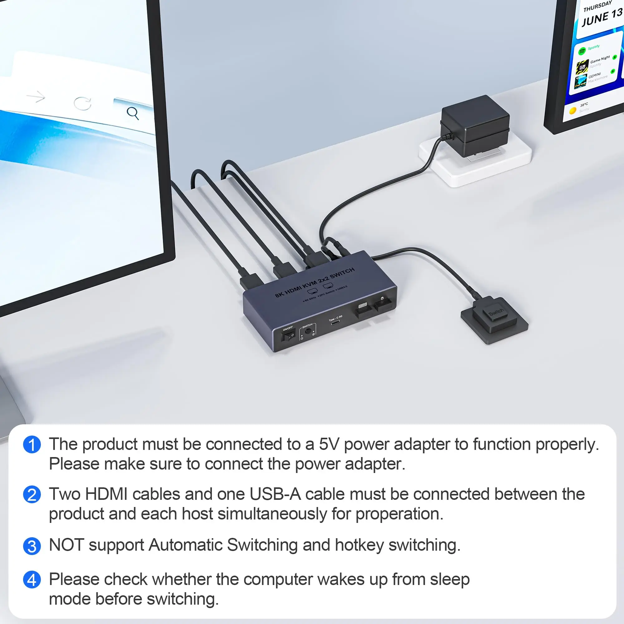 

2 Port HDMI KVM Switch, 8K@60Hz with 4 USB 3.0 Ports (3 USB-A+1 USB-C) for 2 Computers Sharing 2 Monitors Keyboard Mouse Printer