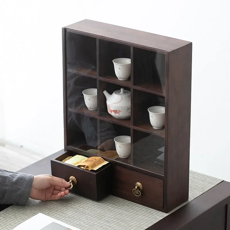 Walnut desktop tea set storage box living room storage cabinet display tea set water cup household rack locker
