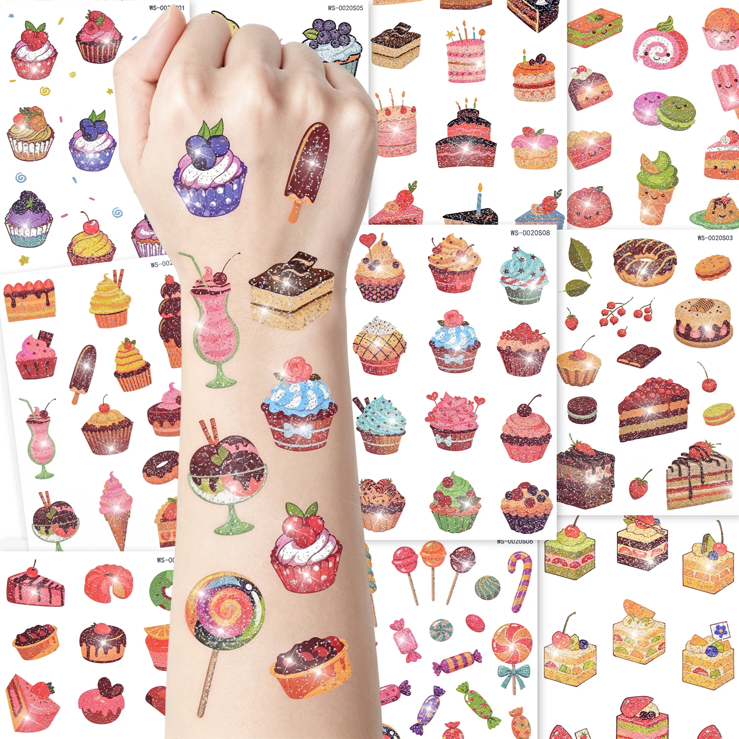 10PCS Glitter Dessert Temporary Tattoo Stickers Colorful Cake Ice Cream Donut Candy Decals for Teens Kid Birthday DIY Body Decor