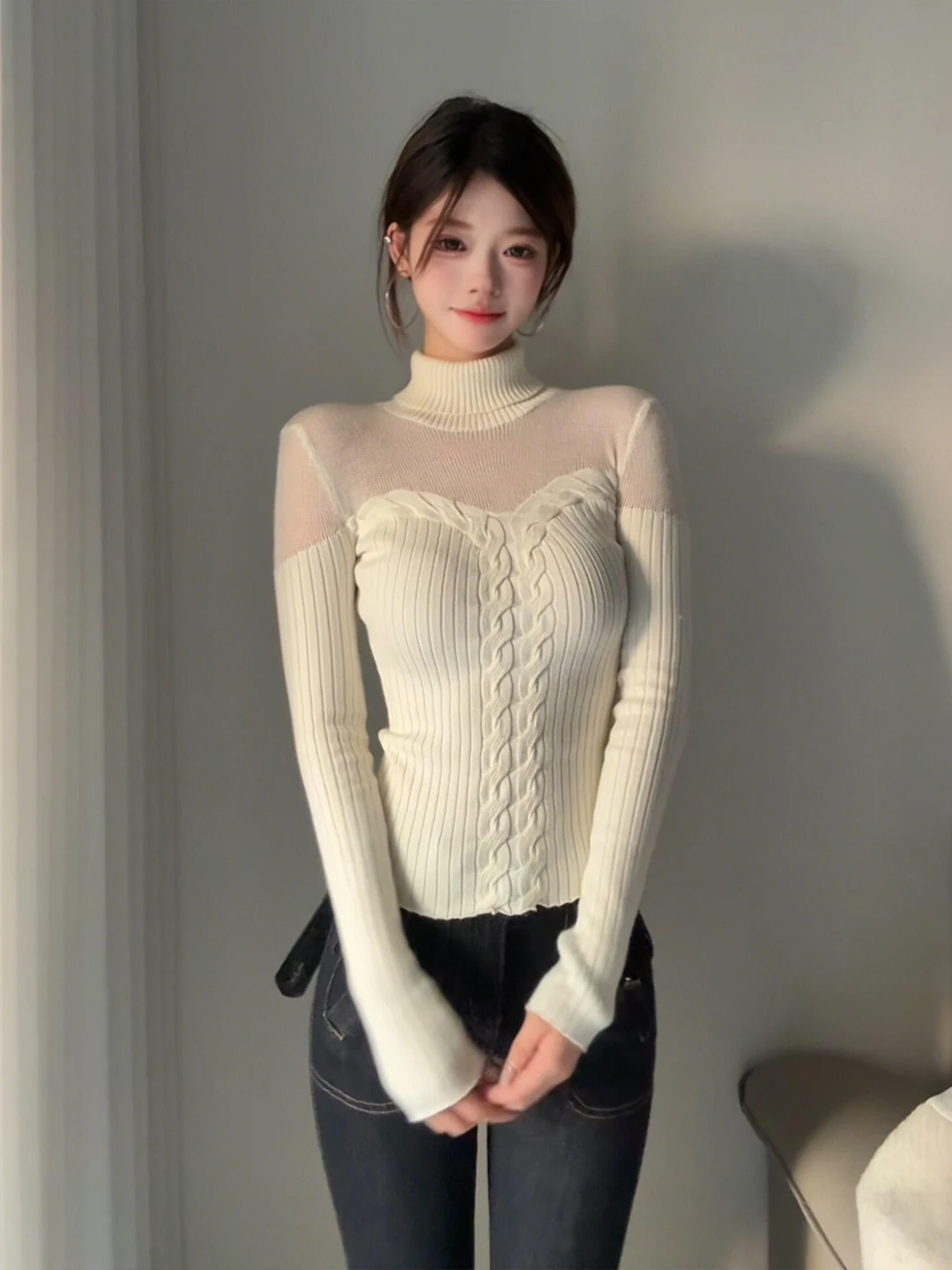 

Женский облегающий вязаный свитер с высоким воротником и вырезом, осенне-зимняя внутренняя одежда, верхняя одежда, модный топ с поясом