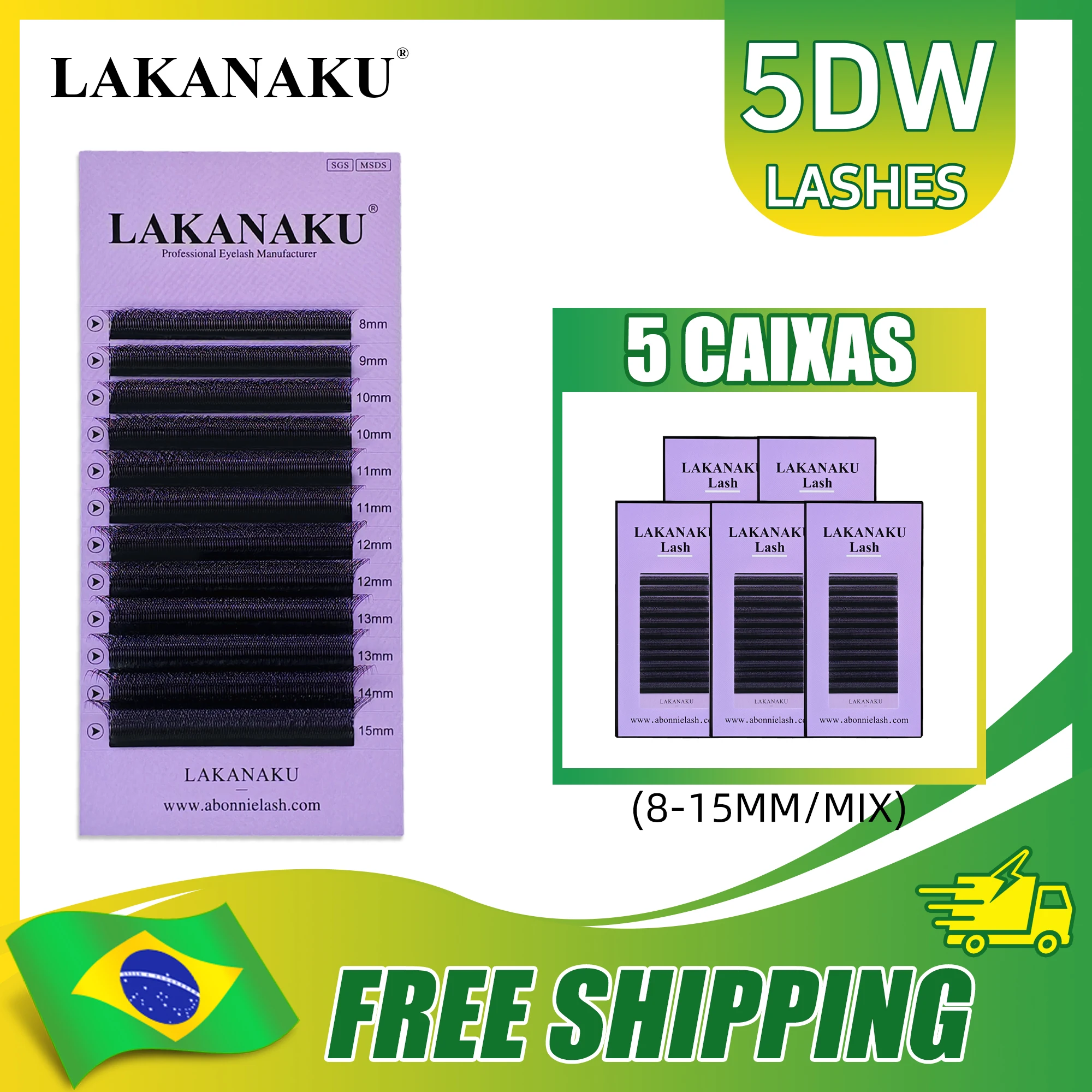 LAKANAKU 5trays 5DW 8-15MM Wholesale False Eyelashes Frete grátis para o Brasil Matte Black Eyelashes Extension Supplies