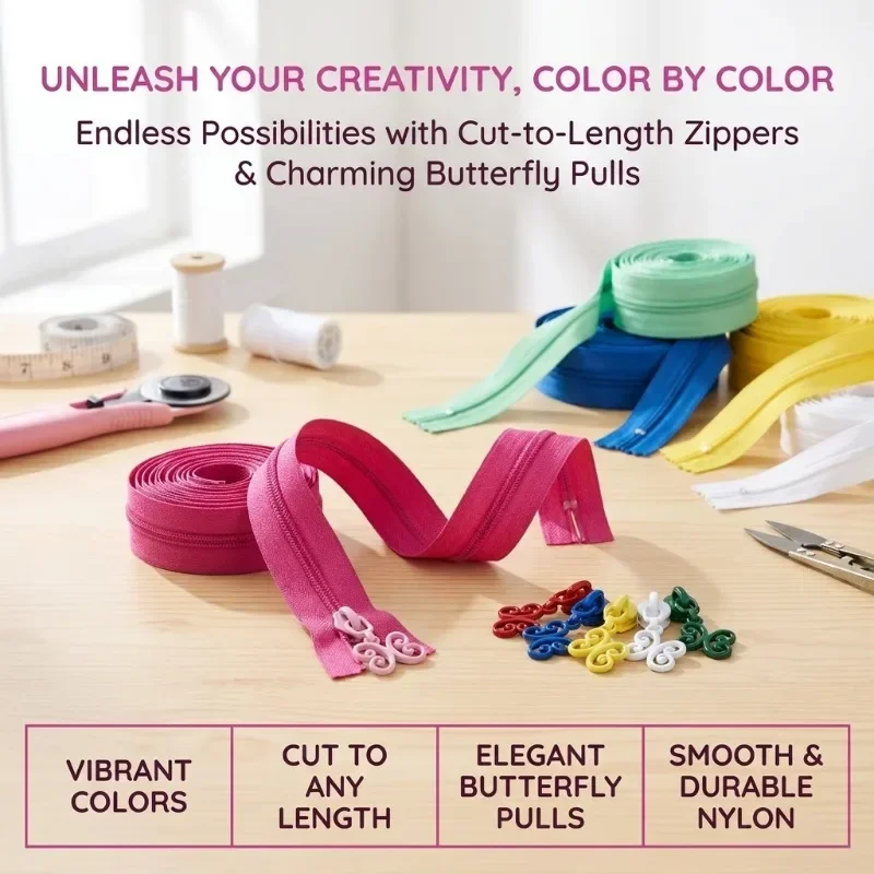 5 Yards No.3 Nylon Continuous Zipper with 7 Butterfly Zipper Heads Smooth Durable Sewing Supplies