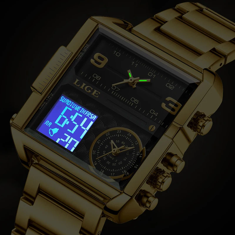 LIGE Top Brand Luxury Fashion Men Watches Gold Steel Sport Square Digital Analog Big Quartz Watch for Man Relogio Masculino+BOX