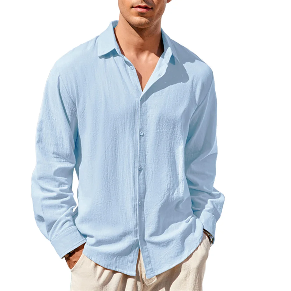 قميص رجالي من القطن والكتان بأكمام طويلة وياقة على شكل طية صدر السترة بلون سادة كاجوال وبسيط يسمح بمرور الهواء وخفيف الوزن للرجال لقضاء العطلات #3