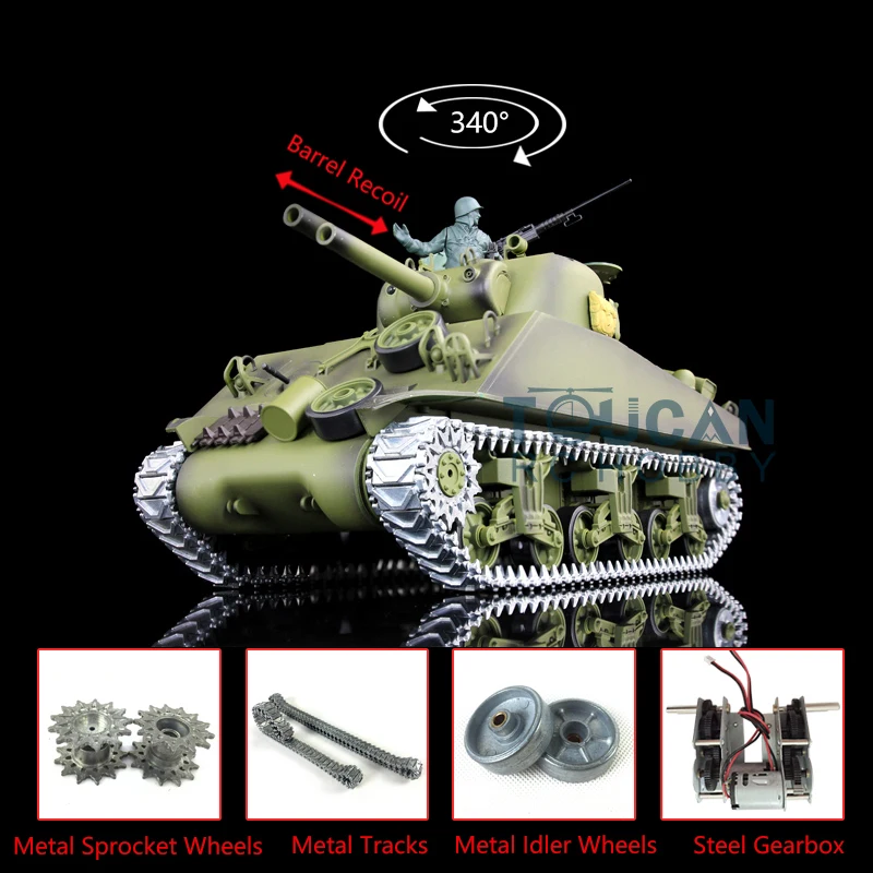 Upgraded HENG LONG 1/16 Scale 7.0 M4A3 Sherman RC Tank 3898 Metal Tracks Telescopic Barrel Recoil BB Shooting TH17673