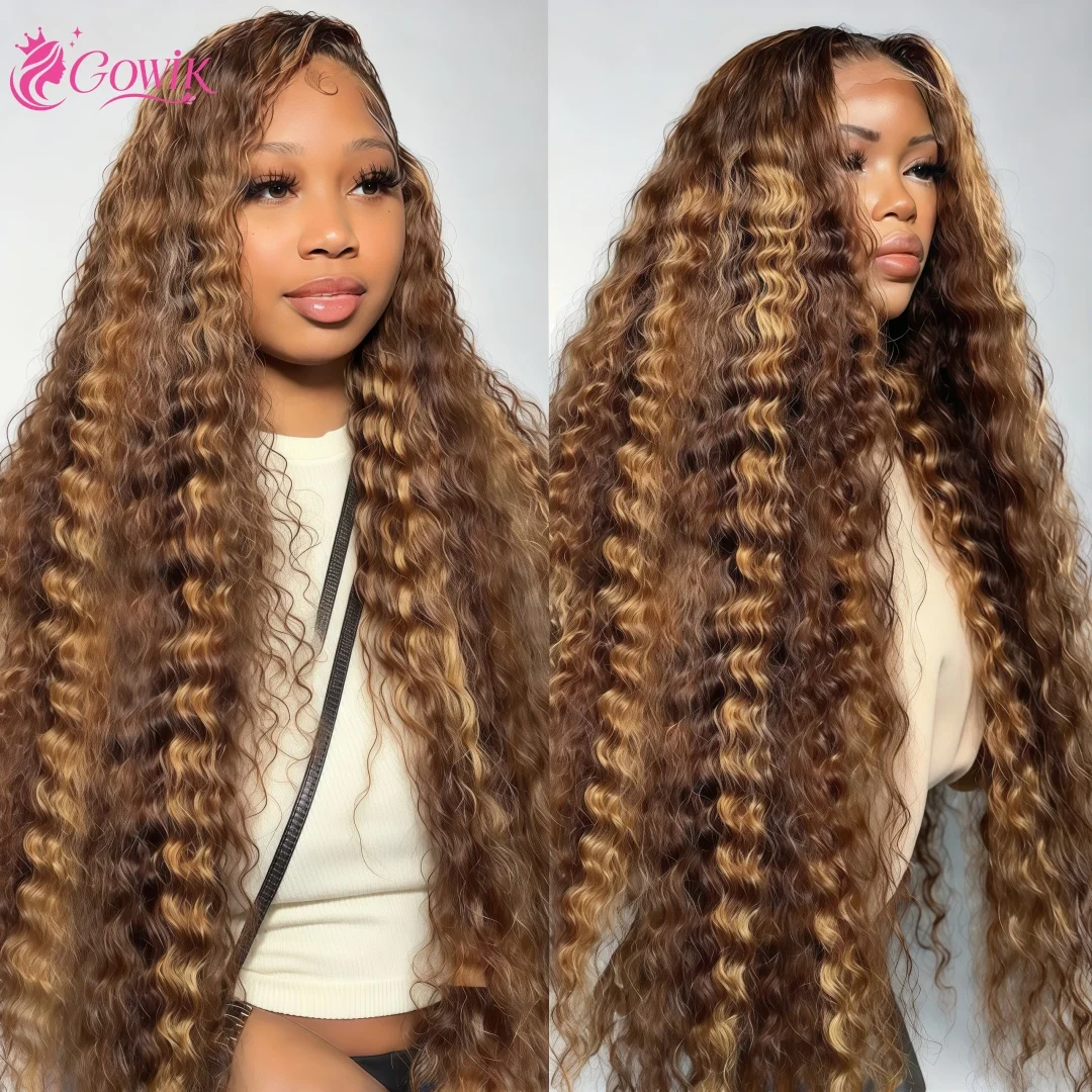 36 inch Deep Wave 13x4 Ombre Highlight Lace Front Wigs Human Hair Honey Blonde 4/27 Curly HD Transparent Lace Wig Pre Plucked For Woman