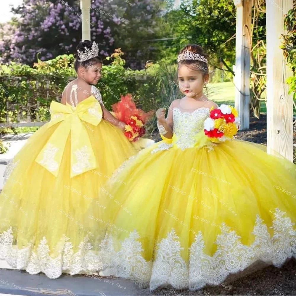 

Customized Flower Girl Dresses for Wedding Beaded Lace Kids Princess Pageant Gown Full Sleeves Birthday Party Dress With Bow