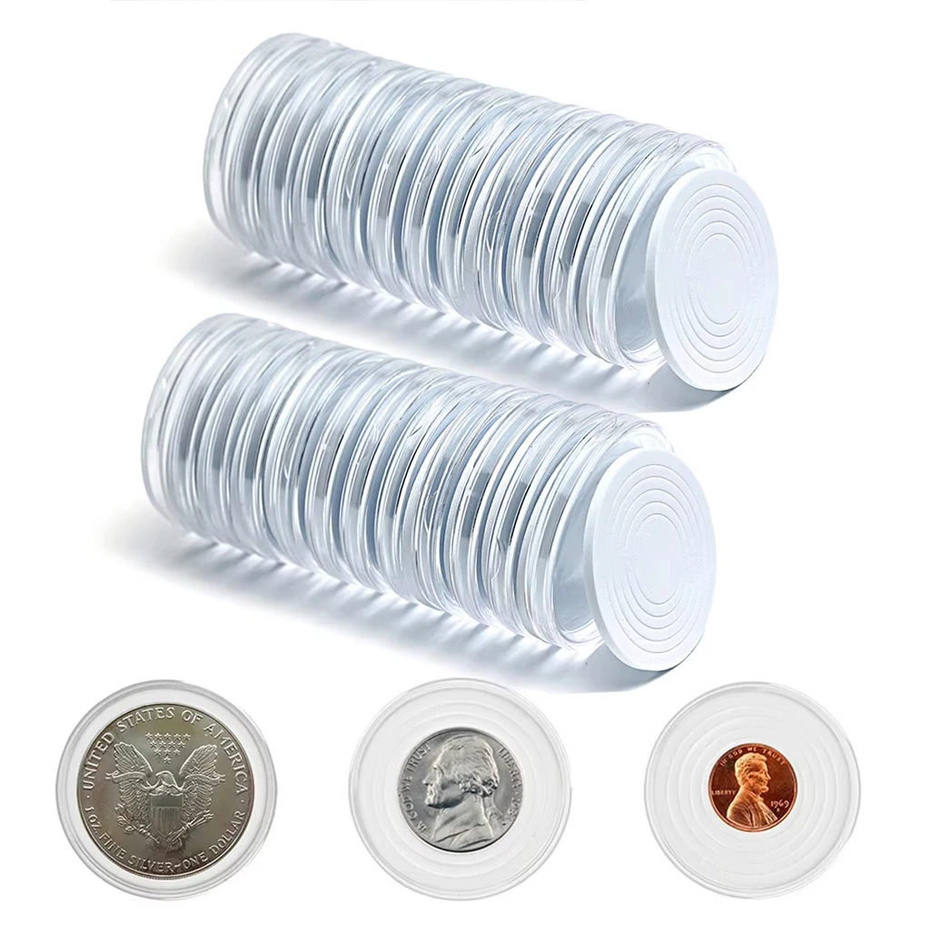 40PCS Clear Coin Capsule Storage Case with Adjustable Gaskets for Collectors, 6 Sizes 19/24/29/34/39/46mm Coin Holder Cointainer