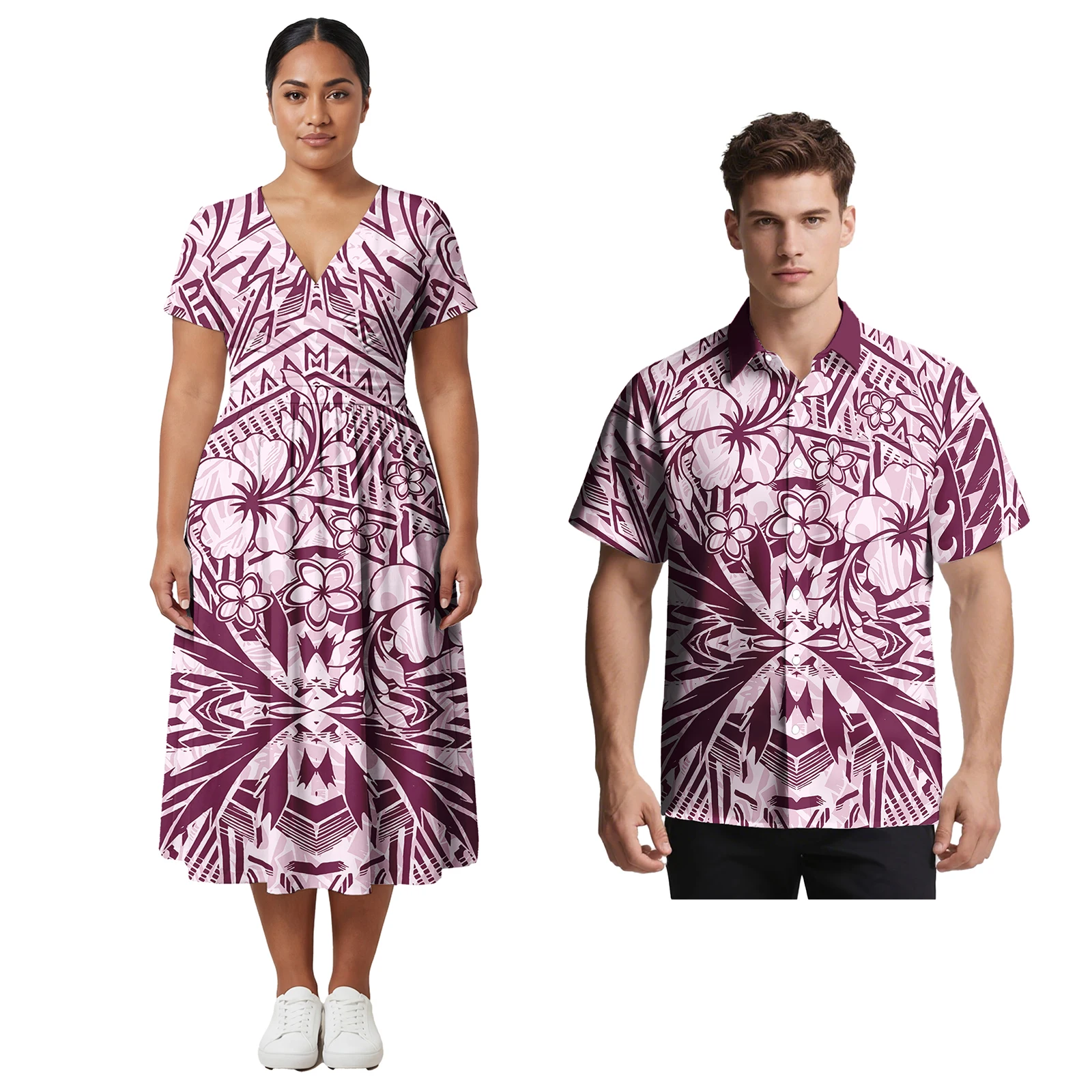 

Парные комплекты с тропическим узором: женское платье в полинезийском стиле для пляжа, мужская рубашка алоха с карманами больших размеров, сановские парные наряды.