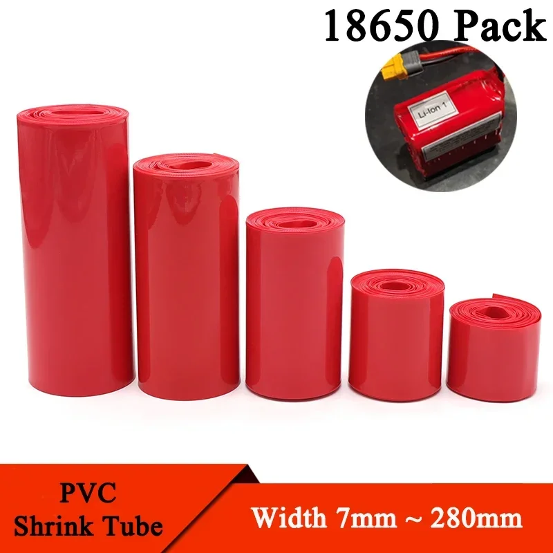 Confezione di tubi termorestringenti in PVC per batteria Lipo 18650 rossa da 1 metro, larghezza 7 mm ~ 280 mm, pellicola isolata, custodia al litio,