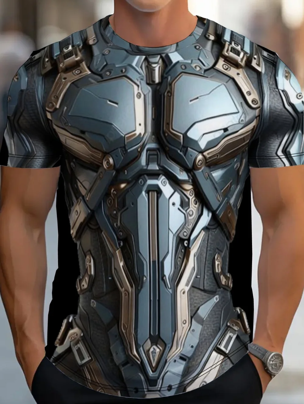 3D-gedrucktes T-Shirt im Metall-Stil für Herren, lässig, Rundhalsausschnitt, Kurzarm, lockere, lustige T-Shirts, Streetwear, Herrenbekleidung – Detail 5