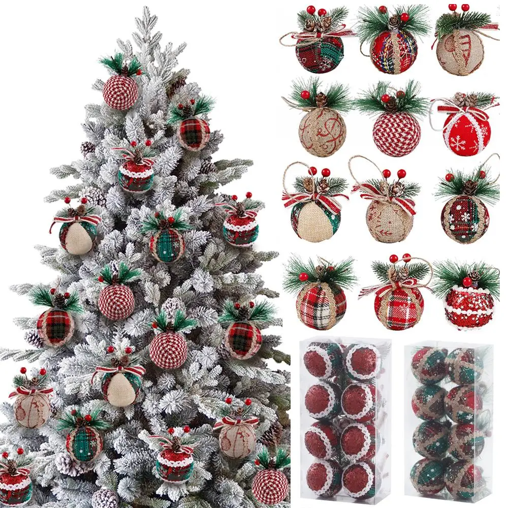 4pcs 6cm Red Plaid Christmas Ball Wrapped Cloth with Berry Foam Ball for Home Xmas Tree Hanging Pendants Navidad New Year 2023