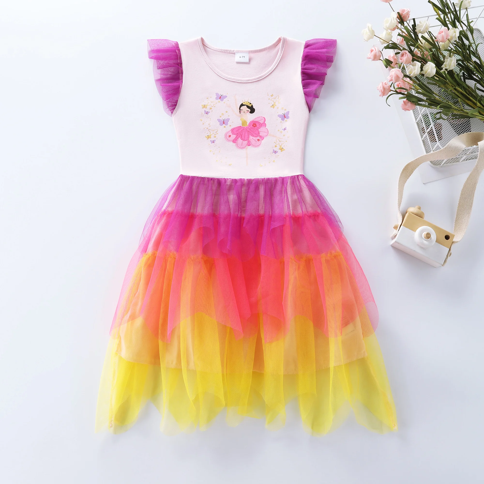Girls Summer Ballet Dance Print Splice Mesh Skirt Dress with Fairy Wings Birthday Party Dress SH1776