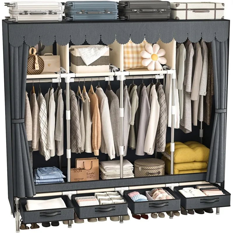 

Wardrobe with 4 Hanging Rods and Drawers, Armoire, Metal Storage Wardrobe Hangers, Upgraded Grey Non-Woven Dust C