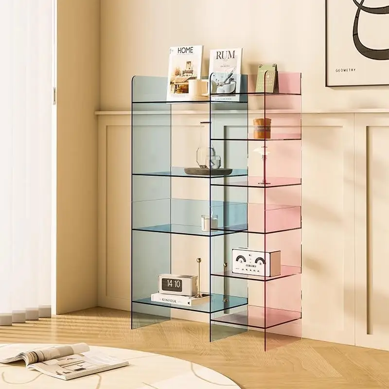 Acrylic color matching multi-layer storage display rack against the wall, high-end floor shelf children's bookcase