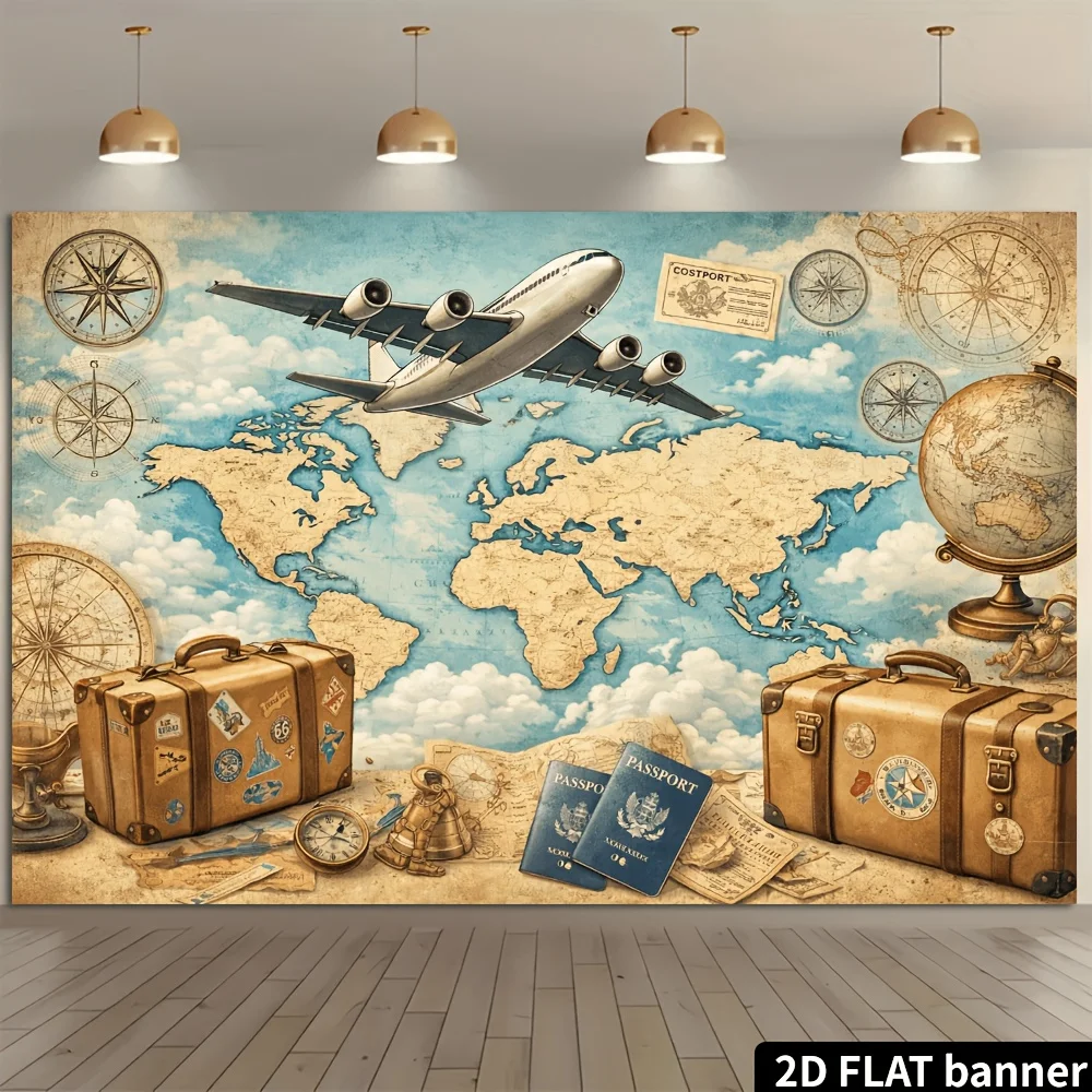2D Plane Retro Travel Theme Background Cloth - Elements of the Old World Map, Global Travel Theme Event