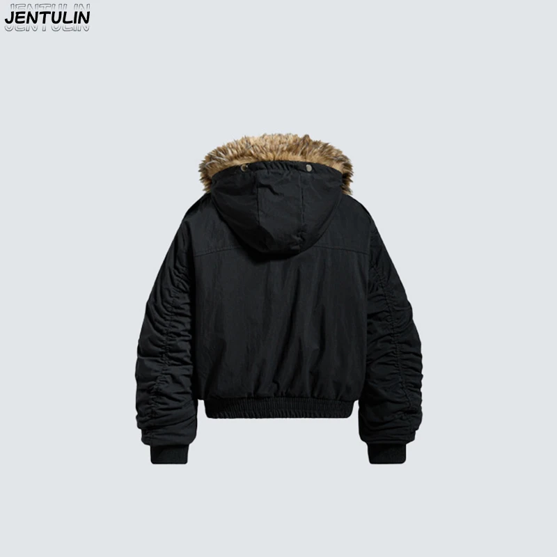 New American Style Large Fur Collar Detachable Hat Jacket Winter Thick Cotton Jacket Standing Collar Warm Mountain Carving Seat