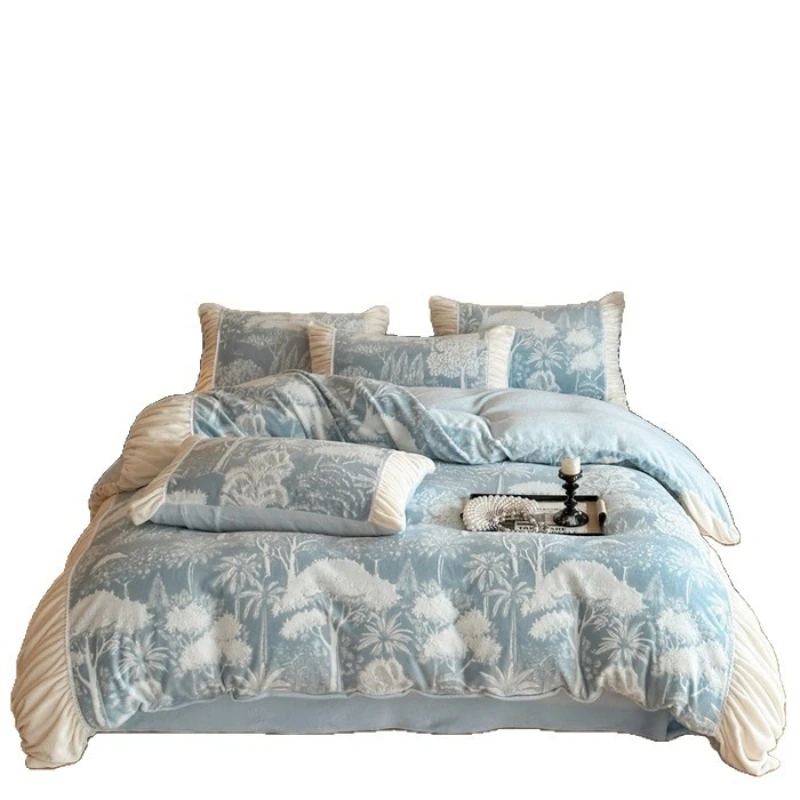 

Yjq French milk fleece wrinkled edge engraved four-piece set of sheets and bedding