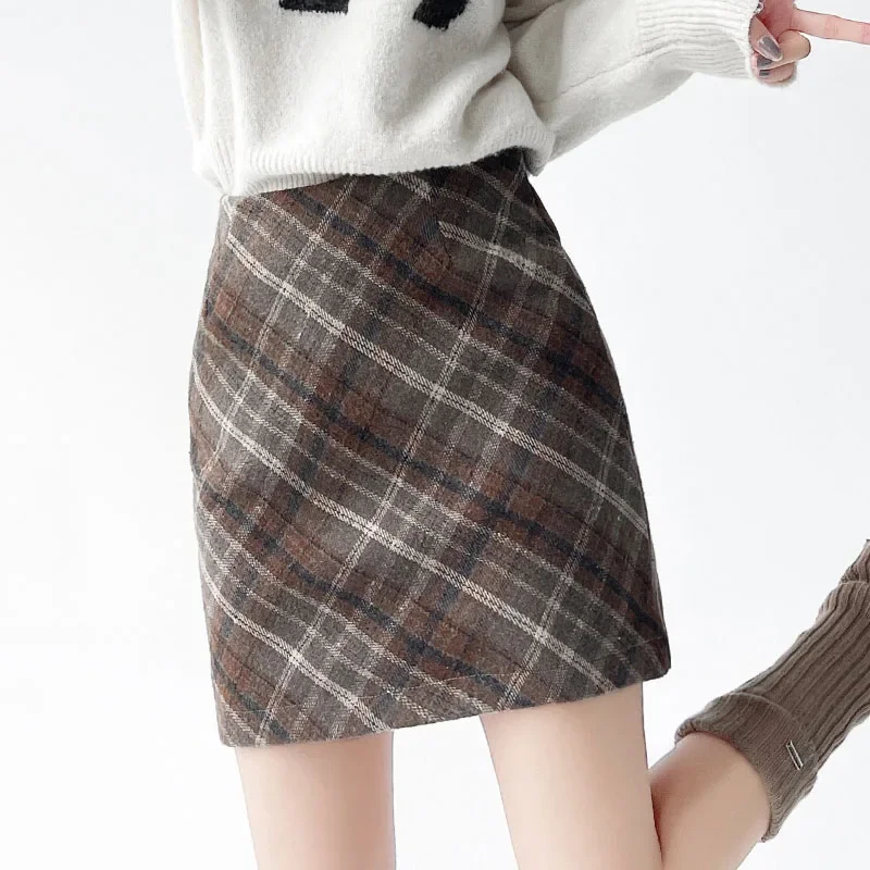 

Preppy Style Retro Woolen Skirts Women Autumn Winter Contrast Plaid Mini Skirt Woman Korean Slim Zipper High Waist Short Skirts
