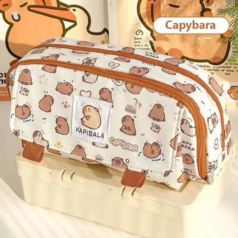 Capybara Four Layer Large Capacity Pen Case Cute Cartoon Pencil Case Stationery Organizer Storage Bag For Students Gift