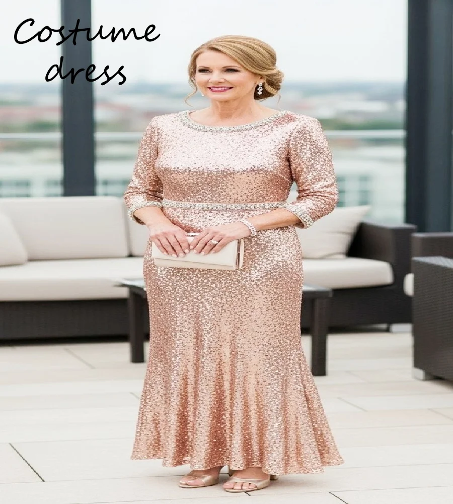 Sparkly Rose Gold Mother Of The Bride Dress 2026 Elegant Sequin Mermaid Groom Mom Evening Dress 50s Birthday Wedding Guest Wear