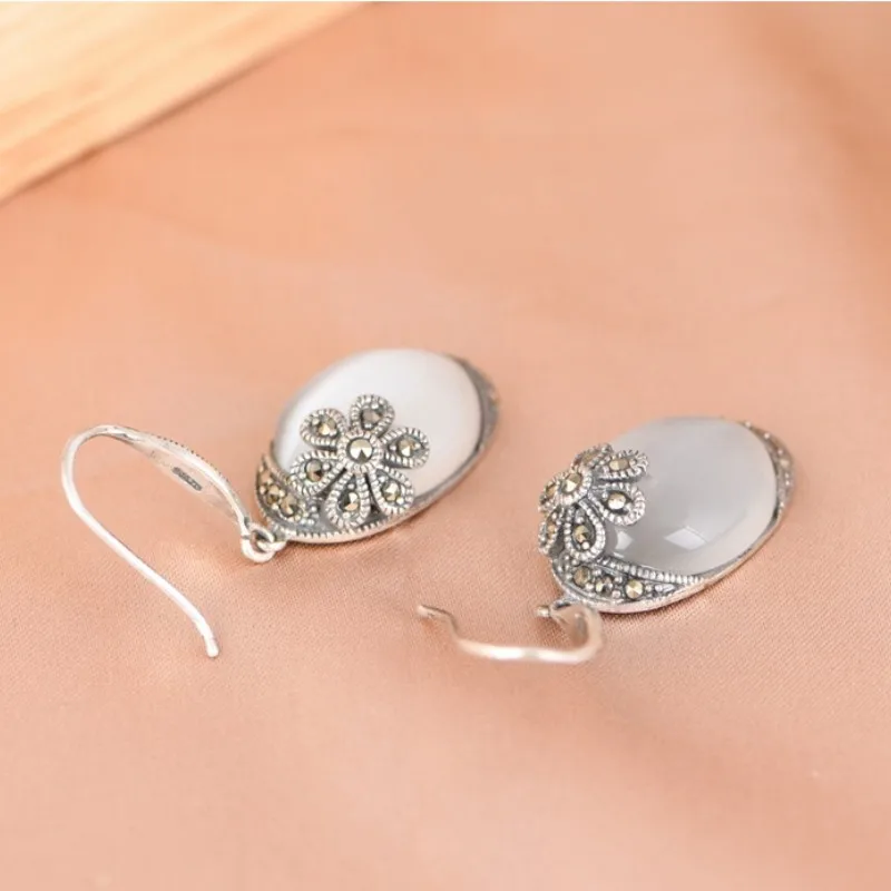 BOCAI Genuine S925 Sterling Silver Earrings for Women New Fashion Oval White Sythetic Opal Vintage Little Flowers Ear Drop