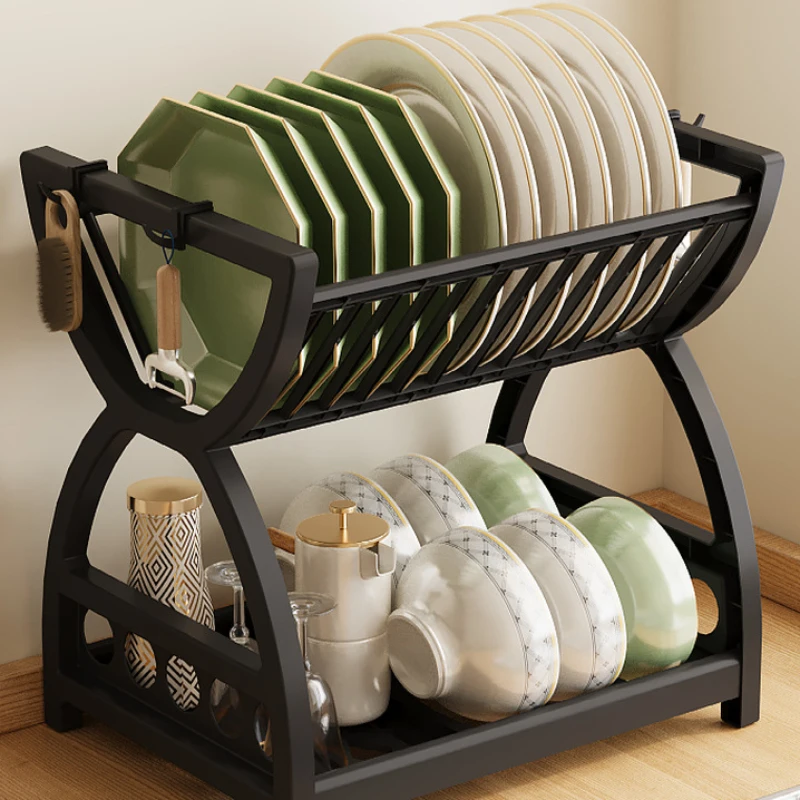 Double Tier Plastic Dish Rack Kitchen Drainer Shelf Multi-use Storage Box for Dishes Plates Cutlery and Knives