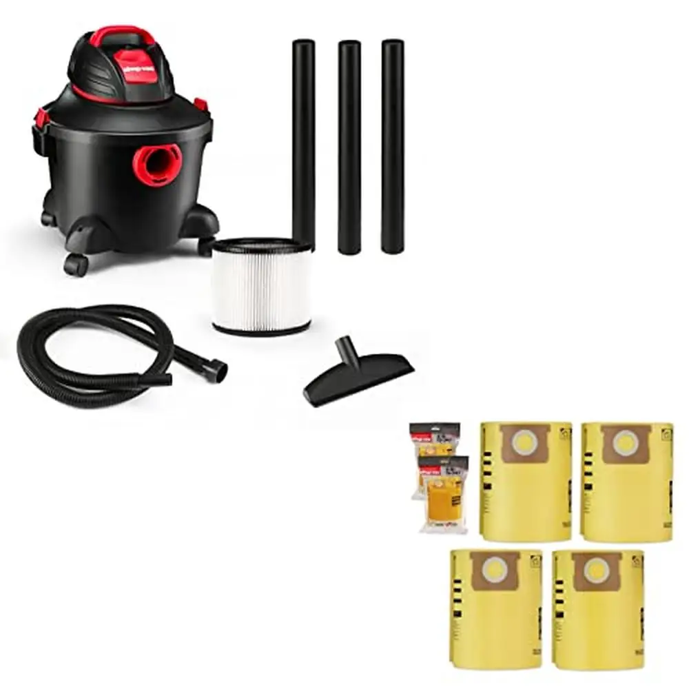 

6 Gallon High-Efficiency Wet Dry Vacuum Cleaner Kit Powerful 3.0 Peak HP Genuine Type H Filter Bag 4 Pack Included Ideal Garage