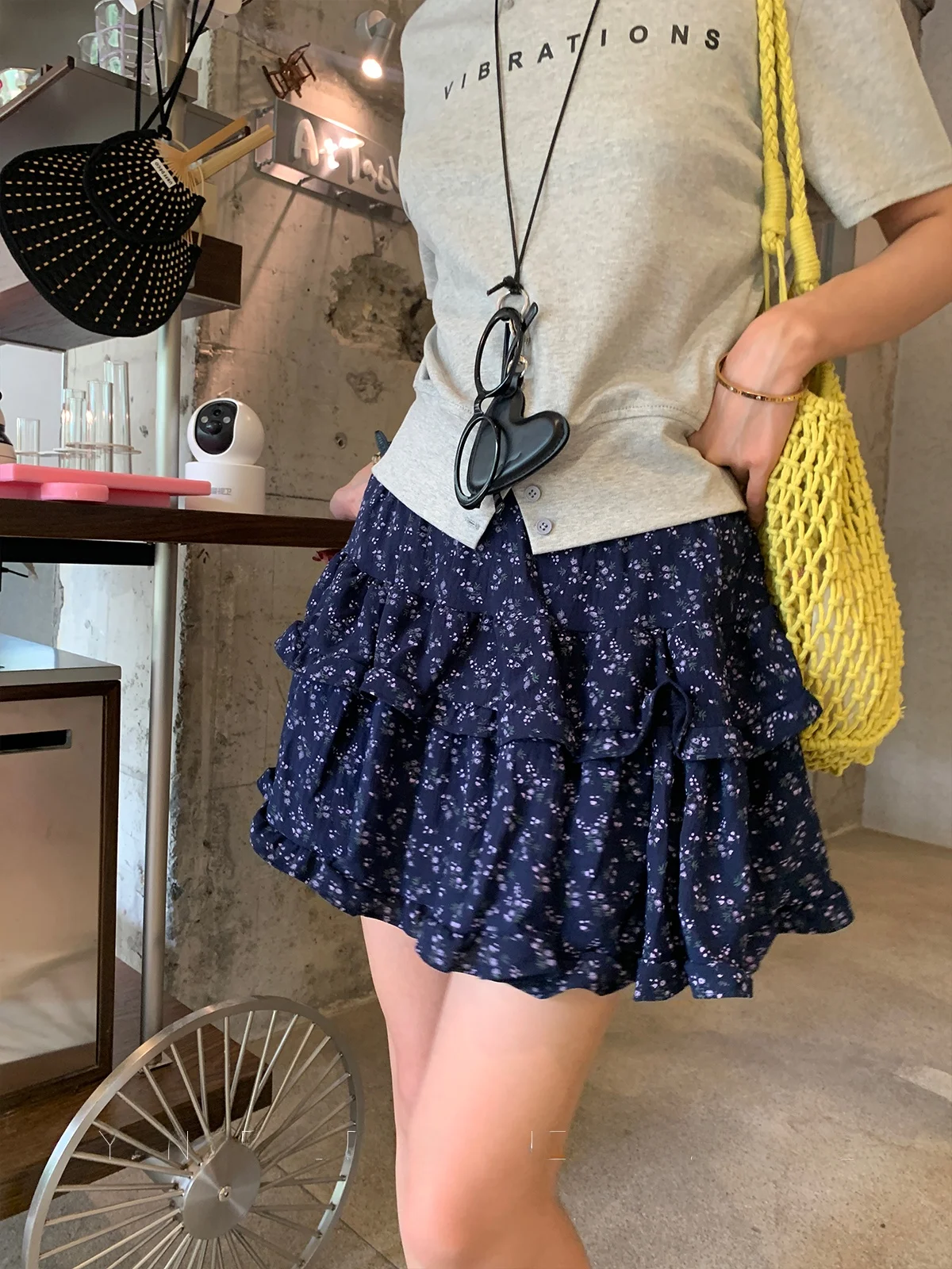 

Blue Floral Cake Skirt ort High Waist Women's Sle Summer New Faion Slimming Age-Defng f-length Skirt by Yang Bubble