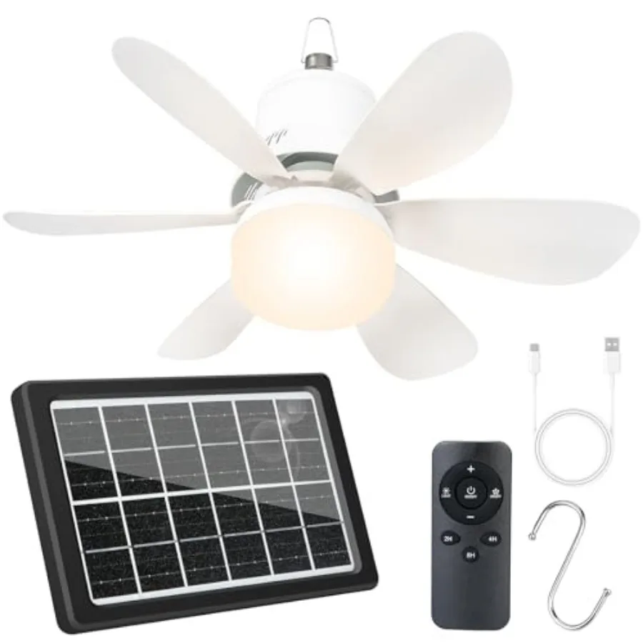 

Portable Solar Ceiling Fan with Light and Remote Dual Type-C/Solar Charging 3CCT 5 Brightness 3 Speeds 2/4/8H Timer Tool-Free S