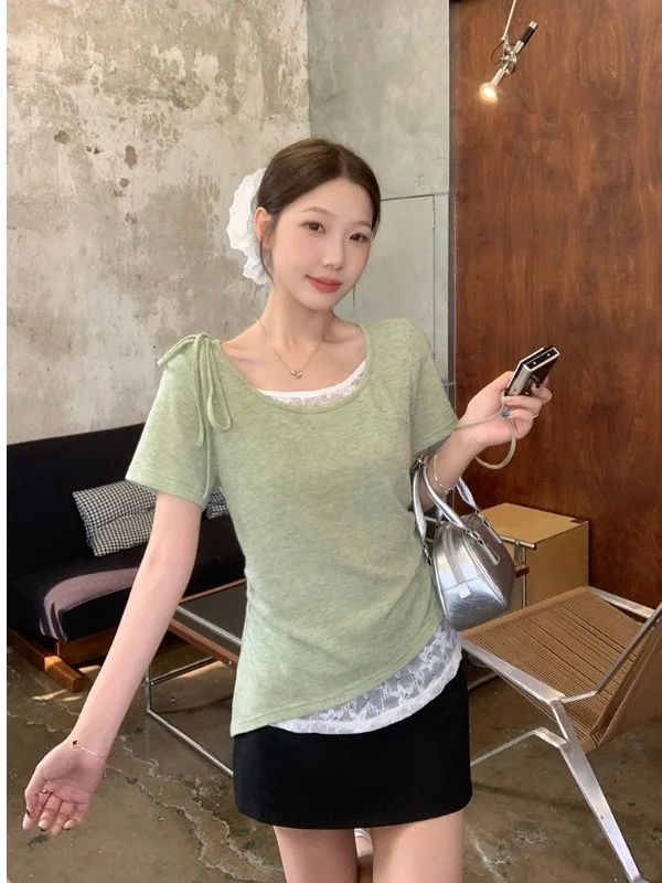 

plus Size Women's T-Shirt Lace Trim Belted Short Sleeve High Waist Design Summer Fashionable Top Gentle Knot Splicing Design