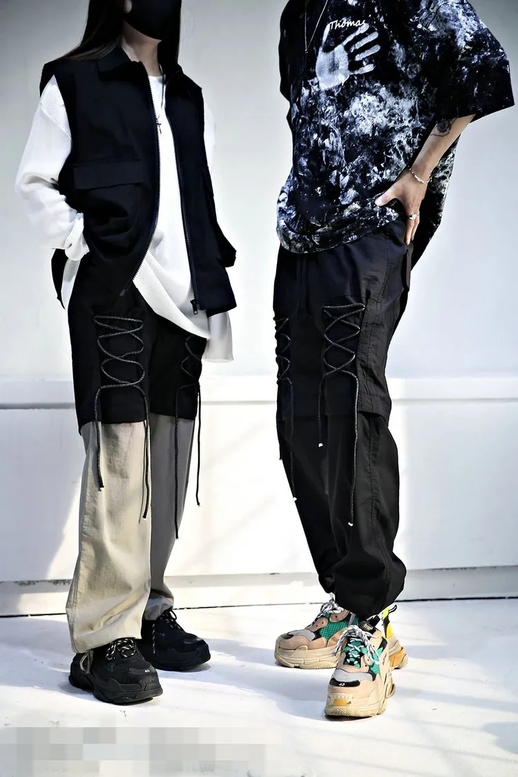 

Men's new style stitched lace up loose casual pants personalized hip hop street performance dress stage dress