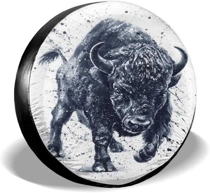 Moslion Buffalo Tire Covers Nature Wild Animal Bison Running in The Wind with Splashes Dot Universal Spare Wheel Covers for Truc