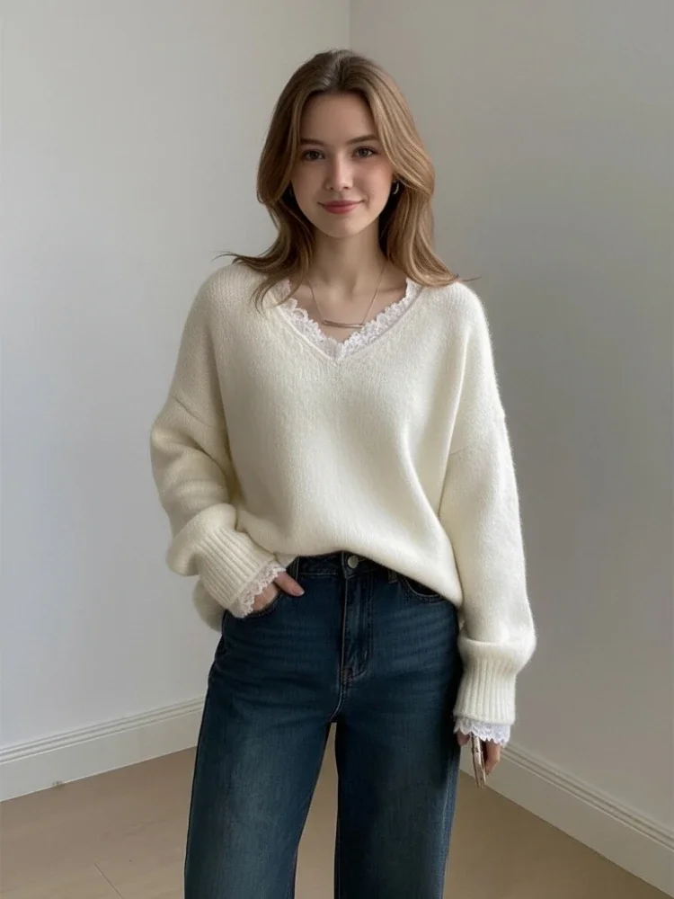 New Autumn Winter Elegant V-neck Lace Women's Long-sleeved Sweater Fashion Loose Knitted Shirt Casual Solid Color Pullover