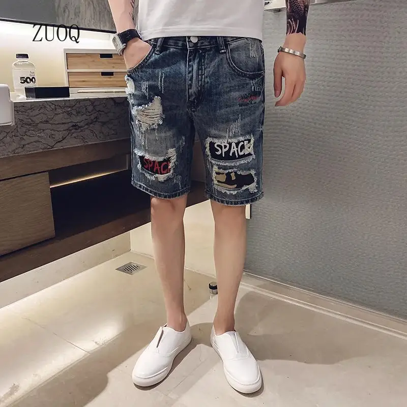 Summer New Denim Shorts Men Vintage Patchwork Hole Pocket Casual Basics Zipper Button Daily Shorts