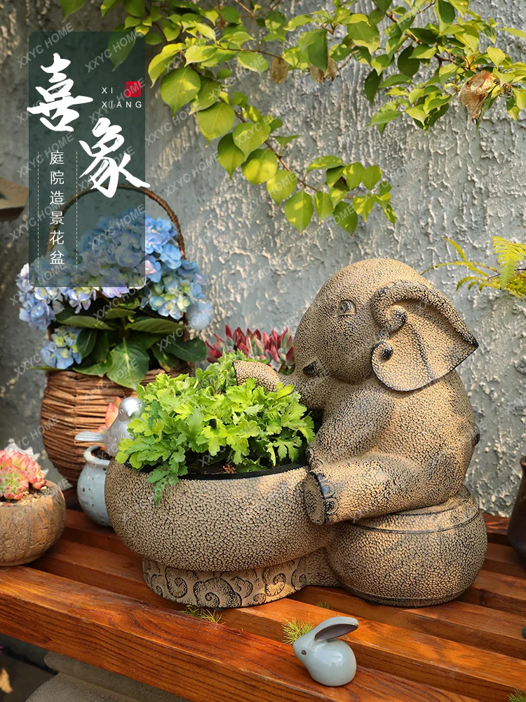 Chinese Elephant Flower Pot Vintage Resin Succulent Flower Pot Rockery Landscaping Basin